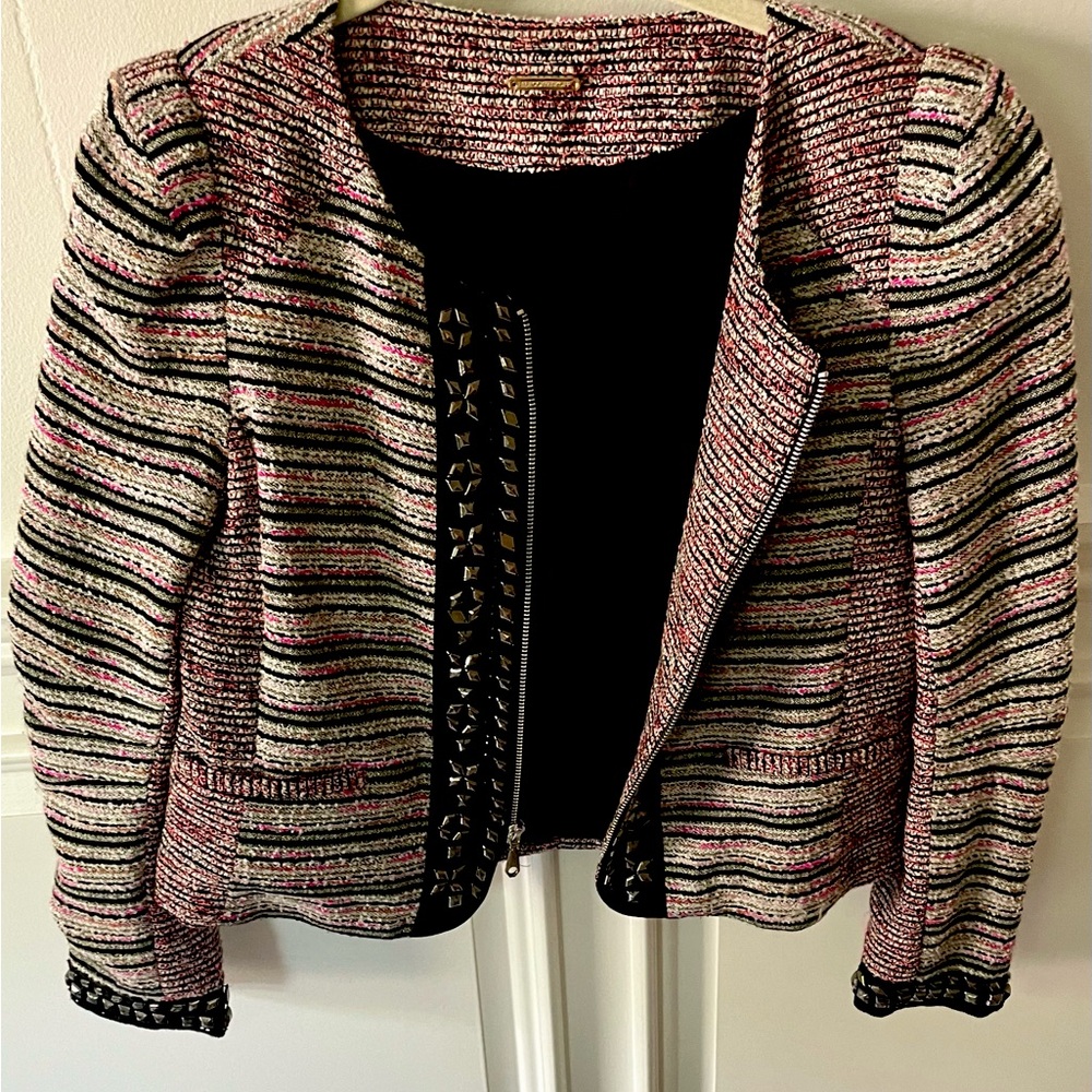 Rebecca Minkoff pink, black and white tweed jacket with silver studs - size 6